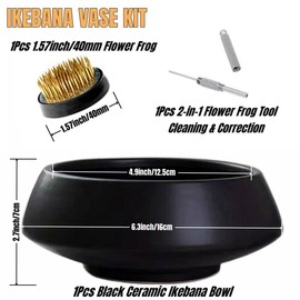 Eggone Ceramic Flower Pot Flower Arrangement Set Japanese Ikebana Floral Art Supplies Flower Bowl Decorative Flower Vase for Centerpieces (Medium Black)