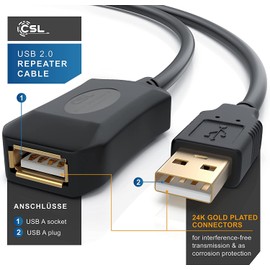 CSL - 5m meters USB 2.0 Repeater- extension lead active with signal amplification - Signal Amplifier Repeater - expandable - gold-plated contacts - black