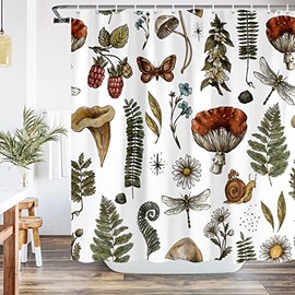 Voshin Vintage Mushroom Shower Curtain Botanical Mushroom Fern Forest Plants Fabric Shower Curtains for Bathroom Boho Shower Curtain Set with Hooks, White, 69 X 70 Inches