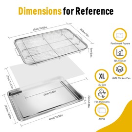 Extra Large Air Fryer Basket for Oven 18 x 12 Inch Stainless Steel, Oven Air Fryer Basket and Tray Set with 30 PCS Parchment Papers, Bacon Cooker Broiler Pan for Oven, Bakeware Sets Oven Rack-2 Piece
