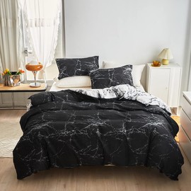 WUMIUER Marbled Bed Linen 200 x 220 cm Set 3-Piece Black White Marble Reversible Bed Linen Lightweight Soft Microfibre Duvet Cover 200 x 220 cm and 2 Pillowcases 80 x 80 cm with Zip