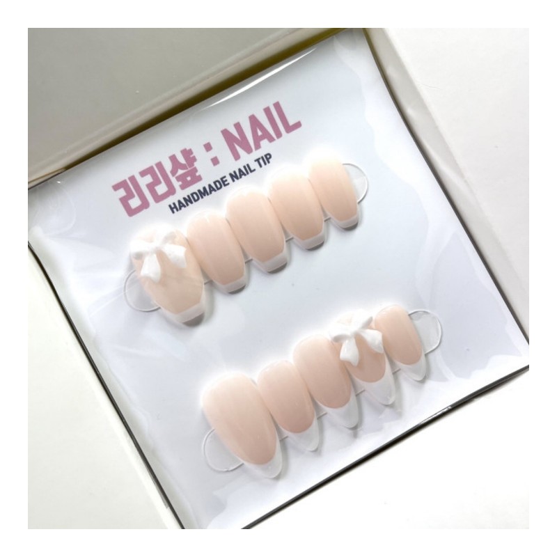 White Ribbon Handmade Nail Tips - Coffin / 화이트 리본