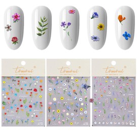 GEEHUA 3Pcs 3D Flower Nail Art Stickers, Self-Adhesive Floral Nail Stickers 3D Embossed Nails Decals Summer Daisy Sunflower Design Nails Decals for Women Girls Art Design DIY Supplies(Wild Flower)