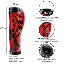 TOPCABIN Bike Grips,Ergonomic Design Bicycle Grips Widen Holding Rubber Bike Handlebar Grips with Aluminum LockGrips for Bike Mountain Road MTB (Rubber Red (1 Pair))