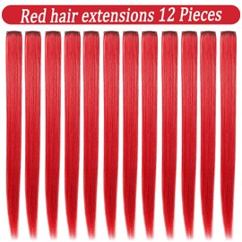 Fcysws 12 Coloured Clip-In Hair Extensions, 21 Inches, Heat-Resistant, Synthetic, Straight, for Women and Girls, Gift, Multicoloured, Party Highlights, Clip-in Hairpiece (Red)