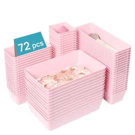 Vtopmart 72 PCS Plastic Drawer Organizers Set, 4-Size Versatile Bathroom and Vanity Organizer Trays, Non-Slip Storage Bins for Makeup, Jewelries, Kitchen Utensils and Office Desk, Pink