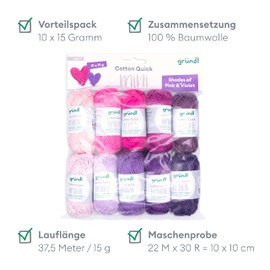 Gründl Wool Cotton Quick Mini Shades of Pink and Violet Knitting and Crochet Set 10 x 15 g, 100% Cotton, 15 g/37 m, Pink and Purple