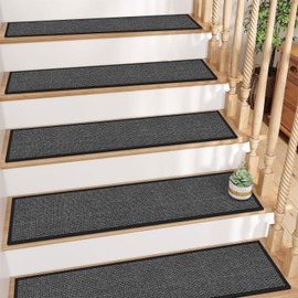 GOYLSER Jute Stair Carpet Treads Non Slip with Rubber Backed,15Pcs Indoor Black Stair Mats, Basement Safety Stick On Stair Rug Step Pads, 30"x8"