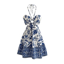 Floerns Women's Floral Halter Neck Vacation Dress Sleeveless Cut Out Boho Cami Dress Blue and White Small