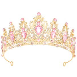 Queen Crown Rhinestone Wedding Crowns and Tiaras for Women Costume Party Hair Accessories Princess Birthday Crown Crystal Bridal Crown (Gold+Pink-A)
