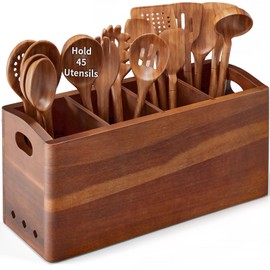 PrimZooty Natural Acacia Wood Utensil Holder for Kitchen Counter (X-Large), 4 Compartment with Removable Dividers 15.7"x7.2"x5.04", Extra Large Cooking Utensil Organizer - Anti-Scratch Bottom
