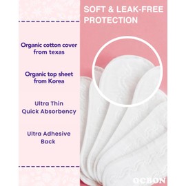 OCBON 100% Organic Texas Cotton Cover Designed by OCBON Korea/Ultra Thin Sanitary Pads - Unscented, Ultra Absorption (3 packs. 120 count)