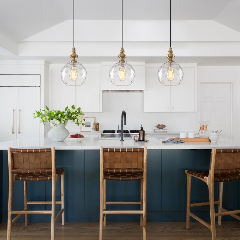Helitemis 1-Light Brushed Brass Glass Pendant Light, Adjustable Height Modern