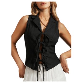 MakeMeChic Women's Bow Tie Front Vest Collared Sleeveless Dressy Vests Top Black X-Large