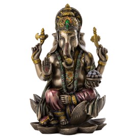 Top Collection Ganesh Statue Sitting on Lotus Pedestal - Lord of Success Sculpture in Premium Cold Cast Bronze with Colored Accents - 7.25-Inch Collectible Hindu God Ganesha Figurine