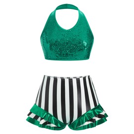 ODASDO Women Trapeze Artist Fancy Dress Circus Costume, Shiny Sequin Halter Neck Crop Top High Waist Stripes Ruffle Shorts Set Dance Outfit for Gymnastic Talent Show Stage Performace Green S