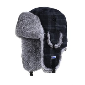 Winter Trapper Hat,100% Real Rabbit Fur Russian Ushanka Aviator Hunting Ski Hat Winter Hat with Ear Flaps for Men Women Black-Grey