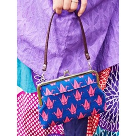 [倭物や Kaya] Retro Gamaguchi with Strap - Purse with Clasp / Japanese Retro Purse Partition Classical Coin Case Strap attached 7JMP0210 Origami Crane, Blue, Gamaguchi