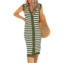 BLENCOT Womens V Neck Striped Vest Cardigan Knit Sweater Dress Casual Sleeveless Button Up Long Tank Cover Up Dress Green S