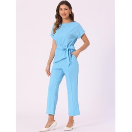Allegra K Women's 2 Piece Sets Round Neck Short Sleeve Belted Asymmetry Tops Elastic Waist Trousers Set Large Light Blue