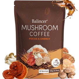 Balincer Café de hongos, 6 hongos adaptógenos con melena de león, cordyceps, cola de pavo y más, café instantáneo orgánico de hongos para la...       