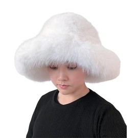 Lina & Lily Oversized Winter Faux Fur Bucket Hat for Women - Long Pile Fur Wide Moldable Brim (White)