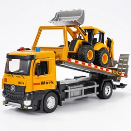 LTFIOON Tow Truck Toy, Friction Powered Tow Vehicle with Backhoe Loader, Metal/Plastic, Truck Toy Cars Vehicles with Light and Sound, Gift for Children 3 4 5 6 7 Years