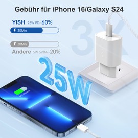 YISH YISH Ladeger?t USB C Schnellladeger?t 25Wo Netzteil USB Type C PD 3.0 Schnellladeger?t mit 60W 1M USB C auf C Kabel