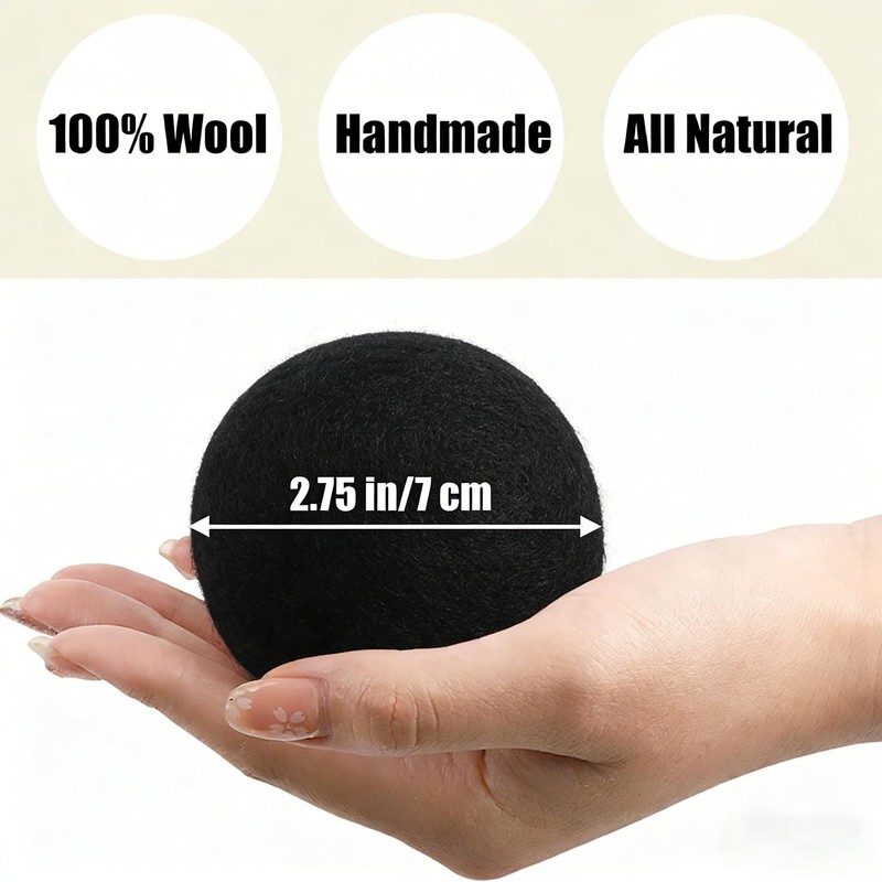6 Pack Wool Dryer Balls, Black, 2.75 in/7 cm