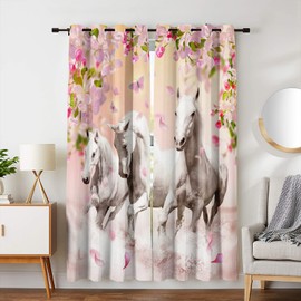HOSIMA 3D Printed Pattern Horses and Floral Curtains,Running Horses Curtains for Living Room Decor for Teen Girls and Boys,Pink Curtains for Girls Bedroom 2 Panels,42W*63H Inch