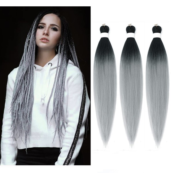 Newluyang Ombre Easy Braid Pre Stretched Braids Hair,two Tone Color 24Inch 3 packs Hot Water Setting Ombre Jumbo Synthetic Fiber Braiding Hair Extensions(Black/Gray)