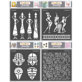 CrafTreat Reusable Tribal Stencils for Painting on Wood, Wall and Tile - Tribal Potters, Tribal Daily Chores, Congo Mask and Tribal Faces Background - 4 Pcs - 6x6 Inch Each - DIY Craft Stencils