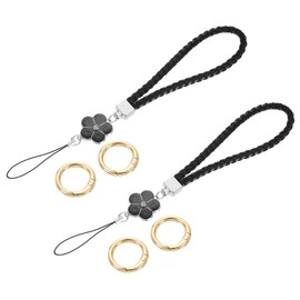 sourcing map 2Pcs Wristlet Lanyards, 4.7" Leather Keychain Strap with Flower Charm for Clutch Cellphone Keychain Wallet Purse Accessories, Black