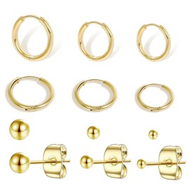 Sweetkiki Lightweight Hoop and Stud Earrings Set - 14K Gold Plated, 6mm/8mm/10mm Hoops, 2mm/3mm/4mm CZ Studs, Hypoallergenic, Nickel Free, Unisex, Casual, 12 Count