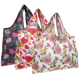 allydrew Large Foldable Tote Nylon Reusable Grocery Bag, 3 Pack, Pink Floral Bloom