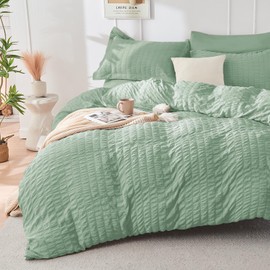 HYMOKEGE Sage Green Twin Comforter Set Seersucker 5 Pieces, All Season Luxury Bed in a Bag for Bedroom, Bedding Set with Comforters, Sheets, Pillowcase & Sham