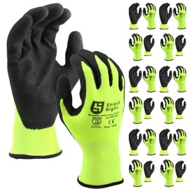 Shield Right 12 Pack HiVis DuraFlex Sandy Nitrile Work Gloves,13 Gauge High Visiblity Nylon, Heavy Duty Grip, Comfort Fit, Protective & Durable, Machine Washable, Safety Work Gloves (9 Large)