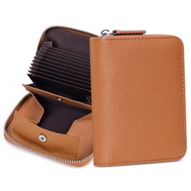 FREYAMIRA Womens Genuine Leather Zipper Credit Card Holder RFID Blocking Small Accordion Wallet with Coin Pouch,Brown