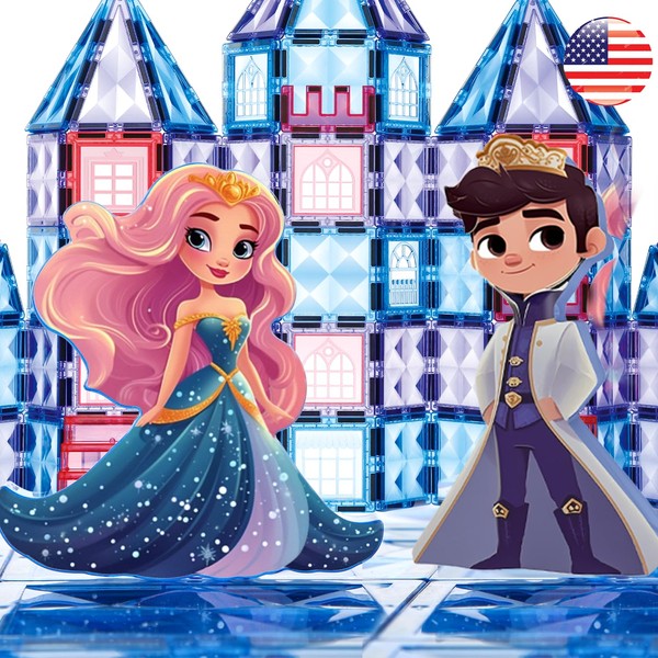 Little Pi Frozen Princess Magnetic Building Blocks Castle - Magnet Tiles Doll House - Educational Stem Playset Toddler Toys - Birthday Gift for Kids Age 3 4 5 6 7 8 Year Old Girls & Boys 80pcs