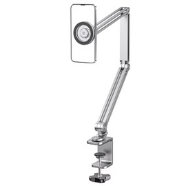 Magnetic Gooseneck Phone Holder for Bed & Desk, Adjustable Arm with Strong Suction Base, Compatible with iPhone 12-15/Magsafe & Android (Includes Metal Ring)