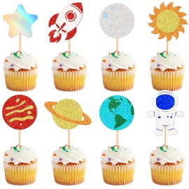 Ercadio 24 Pack Space Astronaut Cupcake Toppers Space Moon Rocket Planet Cupcake Toppers Earth Planet Cupcake Picks Space Theme Gender Reveal Birthday Shower Party Supplies Red