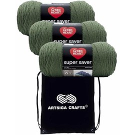 Red Heart Super Saver Medium Thyme E300-406 (3-Skeins - Same Dye Lot) Worsted Medium #4 Acrylic Yarn for Crocheting and Knitting with Project Bag
