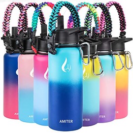 AMITER Water Bottle with Wide Mouth Straw Lid & Handle Lid (22oz, 32oz, 40oz, 64oz, 128oz), Vacuum 18/8 Insulated Stainless Steel Sport Water Jug Flask Thermos Leakproof BPA Free Travel Mug Jug