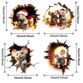 LYMOI 4 Pcs 3D Christmas Mouse Hole Wall Decal Glow in The Dark, Cute Luminous Christmas Wall Decals, Peel and Stick Cracked Mouse Wall Stickers Fun Decal for Living Room, Bedroom, Bathroom (Style 2)