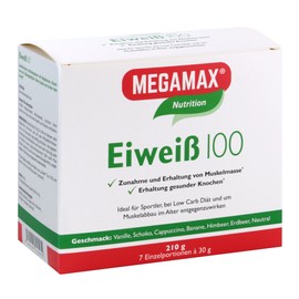 MEGAMAX Eiweiß 100 Pulver. Kennenlern-Set. Inhalt: 7 x 30 g. Ideal für Sportler und Ernährungsbewusste. 7 verschiedene Geschmacksrichtungen zum Probieren. Produktion in Deutschland.