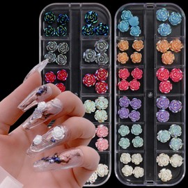Flowers Nail Art Rhinestone, 5D Solid Flowers Nail Art Decorations, Floral Rose Nail Glitter Jewels Design, 12 Colors Flower Studs Gems for Women Girls Manicure Blossom Supplies, Resin Diamond Crafts