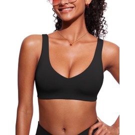 CRZ YOGA Womens V Neck Bikini Tops Bathing Suit V Back Wide Straps Swim Bra Padded Swimsuit Black Medium