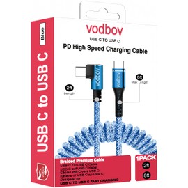 VODBOV Coiled USB-C to USB-C Cable 2ft to 8FT Fast Charging Cord Right Angle Braided 90 Degree Blue