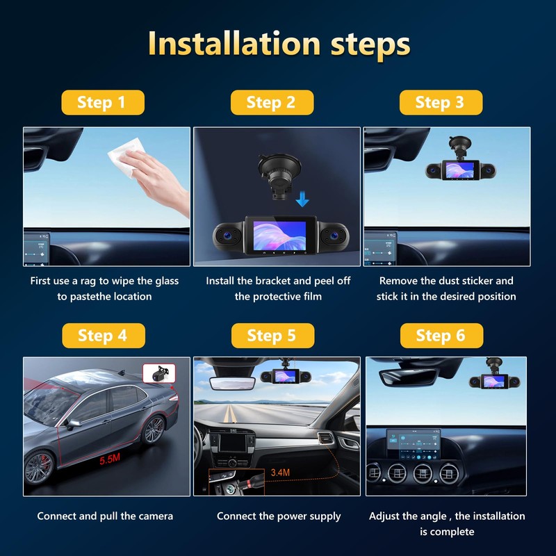 WiFi 360° Dash Cam Front and Rear Inside,4 Channel 3"
