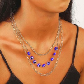 Wendalern Boho Evil Eye Pendant Necklace Layered Blue Demon Eye Necklace Layering Paperclip Chain Devil Eye Necklace Turkish Lucky Protection Jewelry for Women